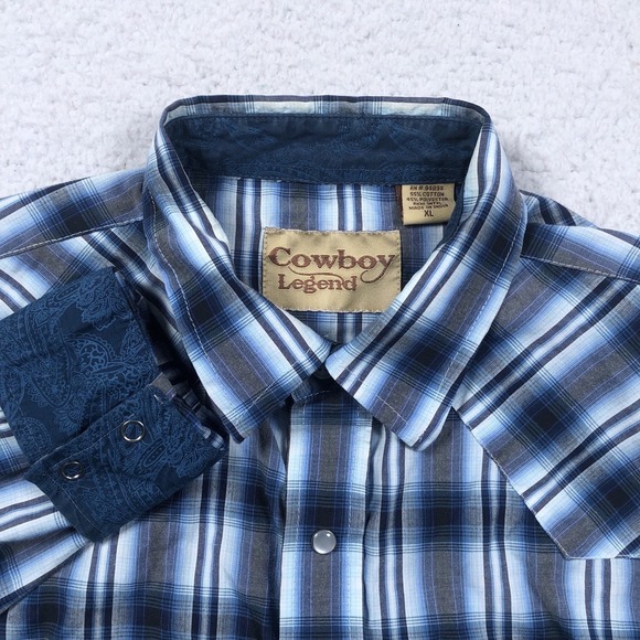 Cowboy Legend Western Shirt Mens  M / L Blue Plaid Pearl Snap Flip‎ Cuff Rodeo - Picture 4 of 13